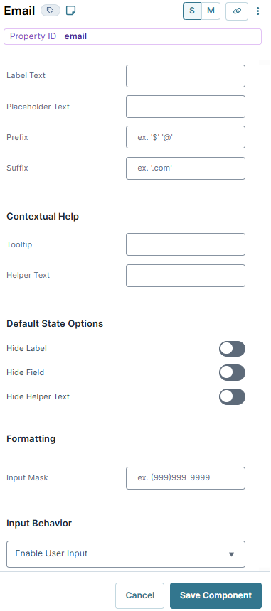 A static image displaying the Email component's Display settings.